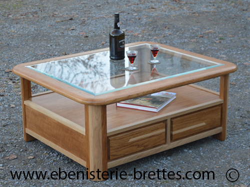 table basse dessus verre bois massif chene clair