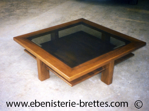 table basse bois et verre, avec tagre en dessous